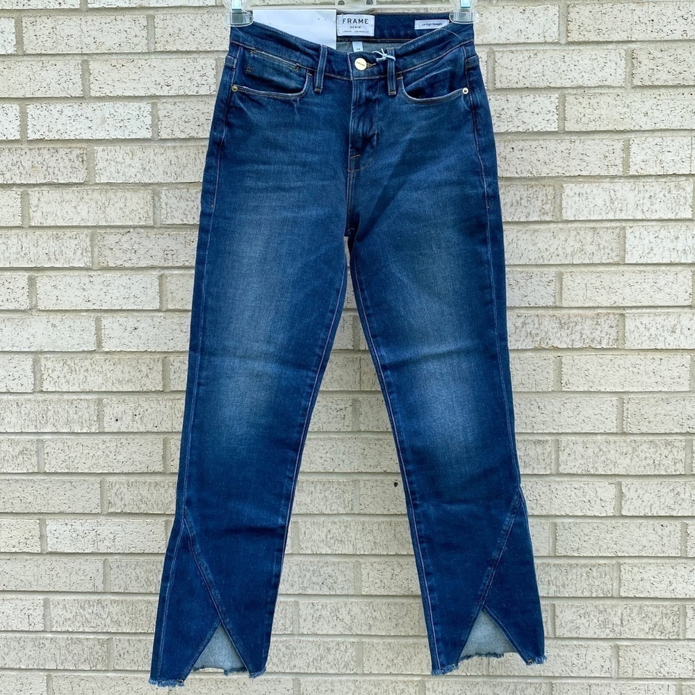 NWT Frame Denim Jeans Blue Le High Straight Kingsway Asymmetrical Raw Hem Sz 25